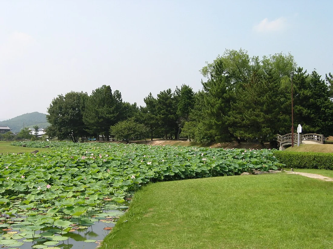 備中高松城址公園の蓮池と緑の風景